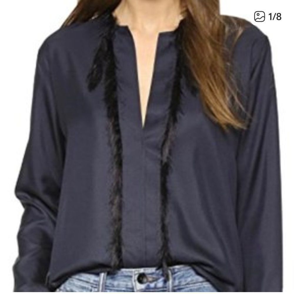 Helmut Lang Silk Twill Feather Fringe Blouse Dark Navy Blue Womens Large
